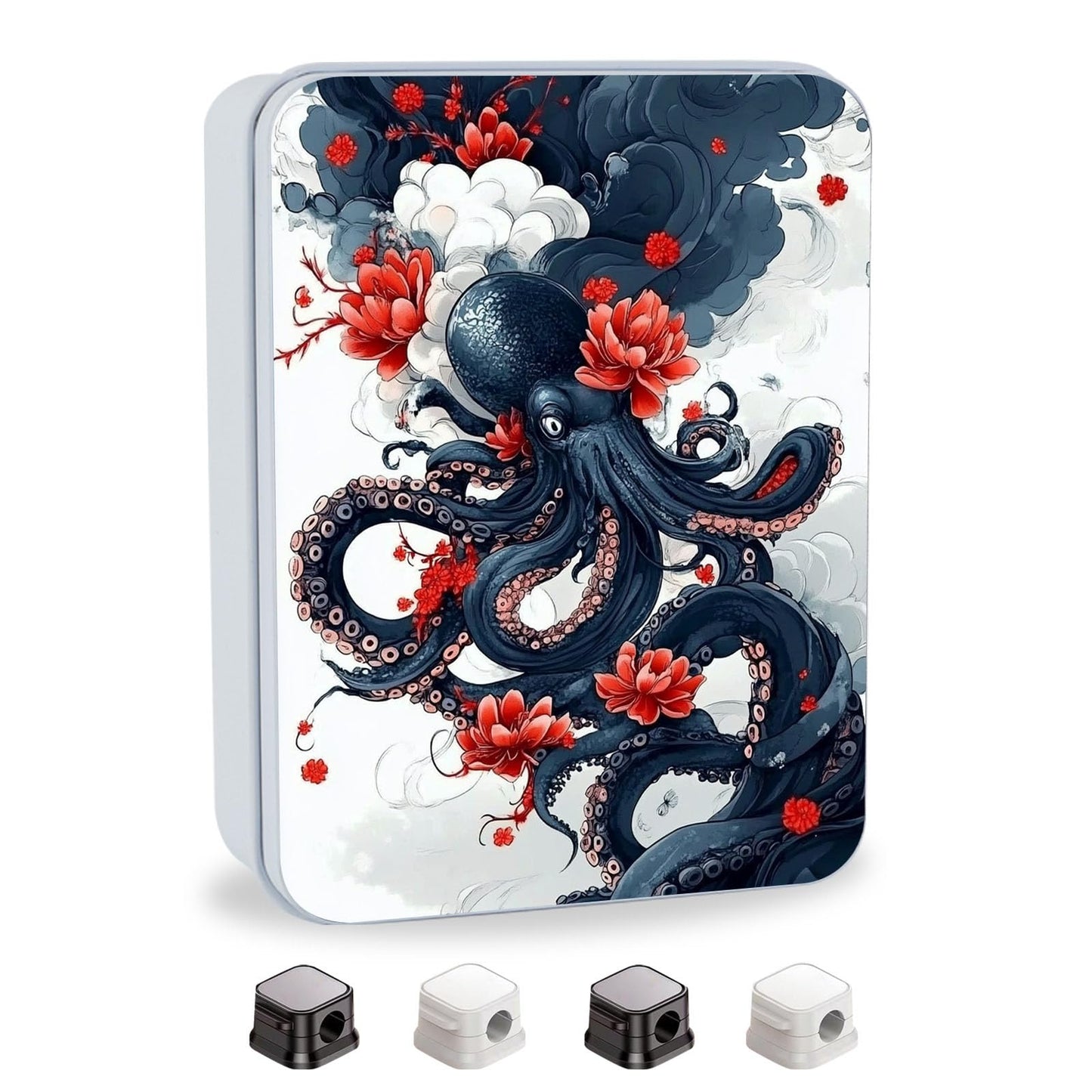 VACGBJPG Metal Tin Box with Lid,Multi-functional Storage Large Box Can Store Tea Biscuits Game Cards, Playing & Tarot Cards-Comes with 4 Magnetic Cord Clips,Octopus and Red Flower