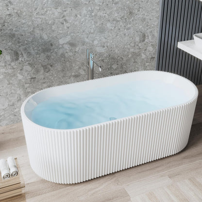 59'' Freestanding Bathtub, Deep Acrylic Soaking Tub with Non-Slip Base, cUPC Certified Modern Free Standing Tub, Chrome Drain, White Bath Tub for Bathroom Remodel and Spa-Like Comfort