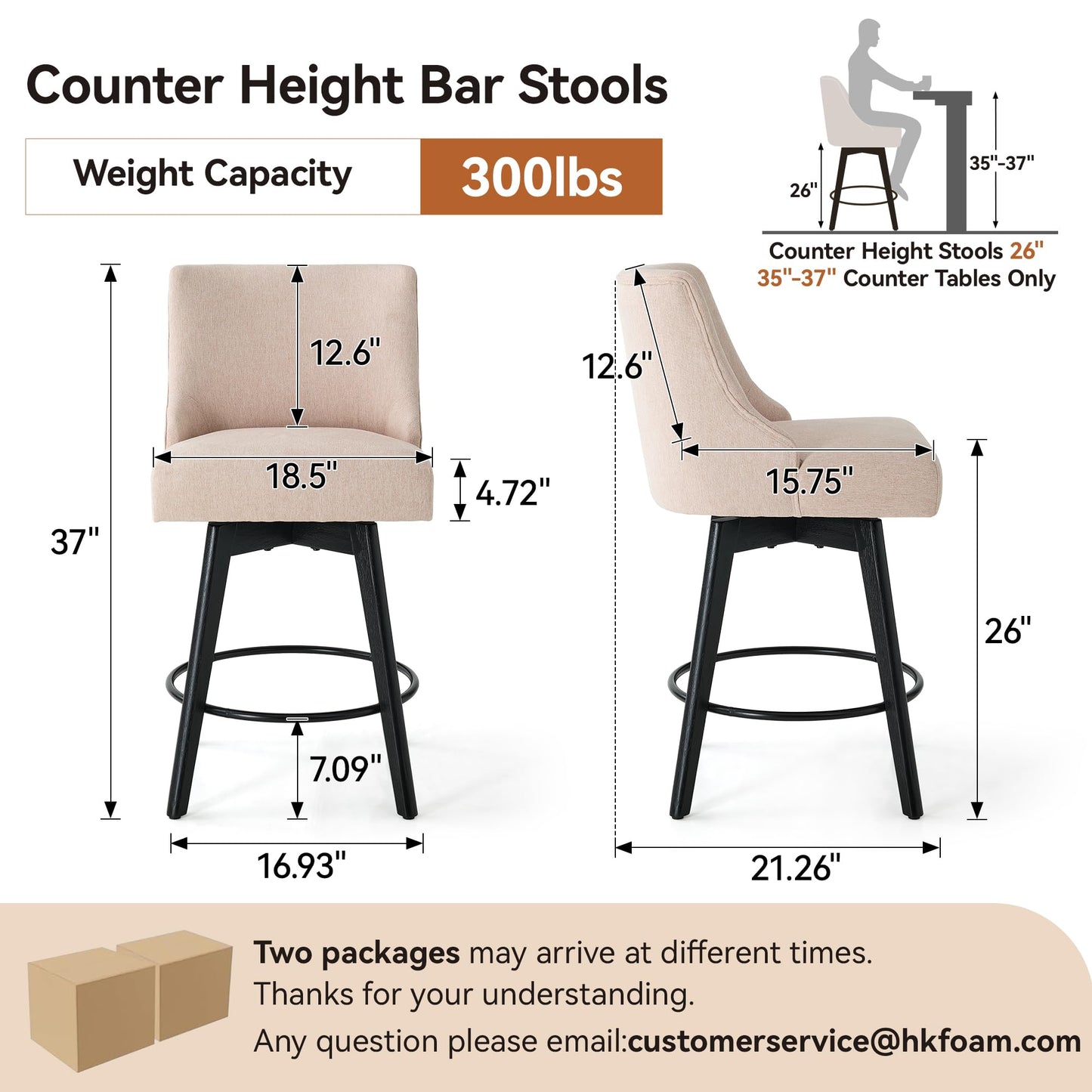 Erdoru Counter Height Bar Stools Set of 4,Swivel Barstools with Backs and Wood Legs,Linen Fabric Upholstered Counter Stools for Kitchend Island,Mid-Century Modern 26"Seat Height Bar Chairs,Flax Beige