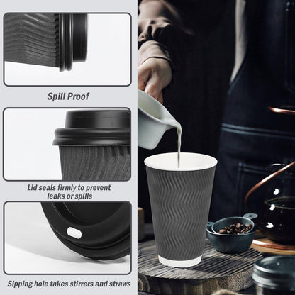 Lamosi 50 Pack 16 oz Insulated Disposable Coffee Cups with Lids, To Go Paper Coffee Cups with Lids, Corrugated Ripple Wall Cup for Hot Drink, Office, Coffee Bar