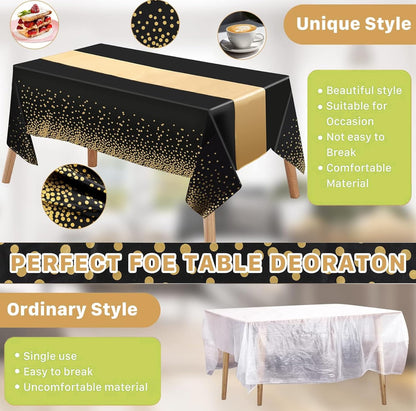 Jeffbaubl 8 Set Tablecloths and Satin Table Runner, 8 Black and Gold Dot Table Cloth 54 x 108 Inch, 8 Gold Satin Runners 11 x 108 Inch, Disposable Plastic Tablecloth for Parties Wedding Birthday