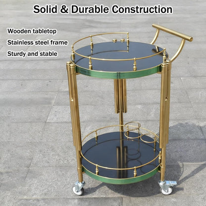 FGQuelleBM Luxury 2-Tier Mobile Cart with Wheels, Wood Top & Stainless Steel Frame for Drinks and Desserts Display