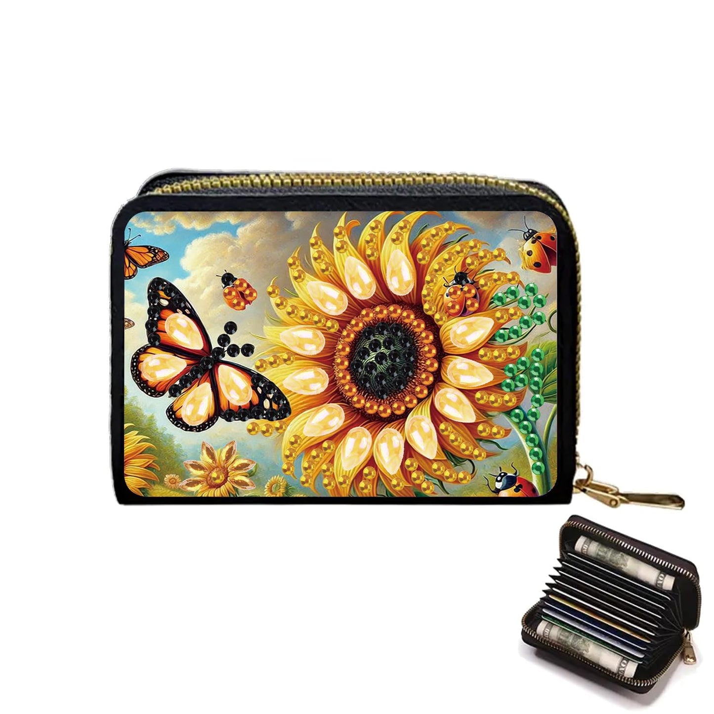 JZHYOAN Sunflower Diamond Art Credit Card Holder DIY Butterfly Pattern Zipper Business Small Wallet Coin Purse Keychain Gem Arts Card Holder Wallet Family Adult Man Woman Craft Gift