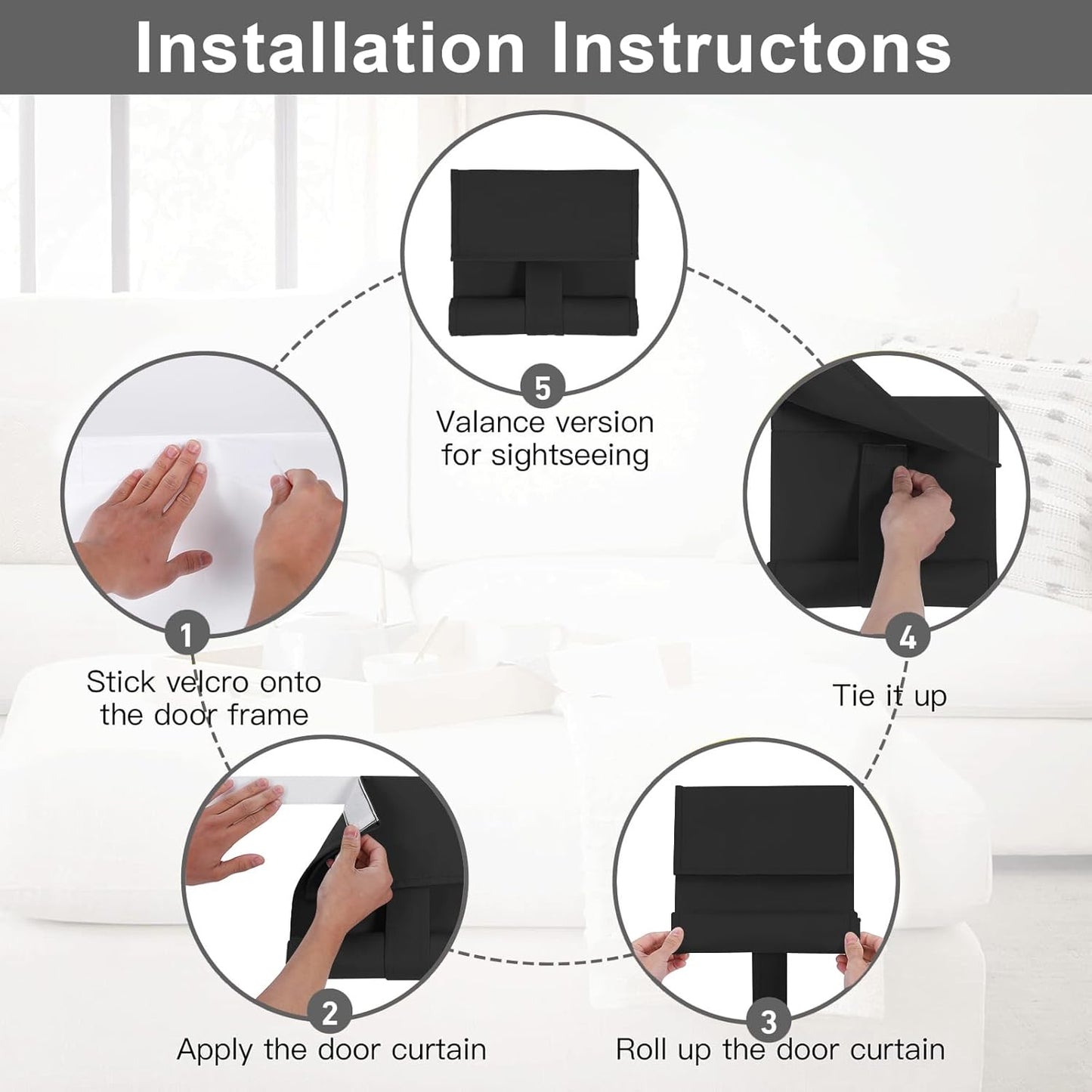 Soft Blackout French Door Curtains for Privacy, Block Out Light, Thermal Insulated Room Darkening, Easy Install (Black,