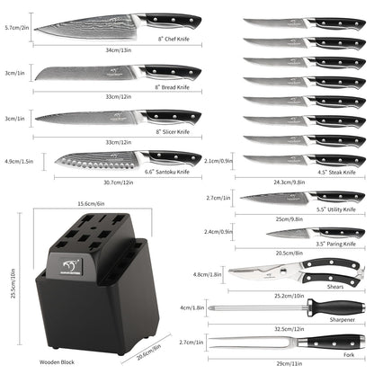 18 Pieces Damascus Kitchen Knife Set, 8 Piece Steak Knives, Non-slip ABS Ergonomic Triple Rivet Handle for Meat Fork, Knife Sharpener and Shears, 17 Slots Wooden Knife Block