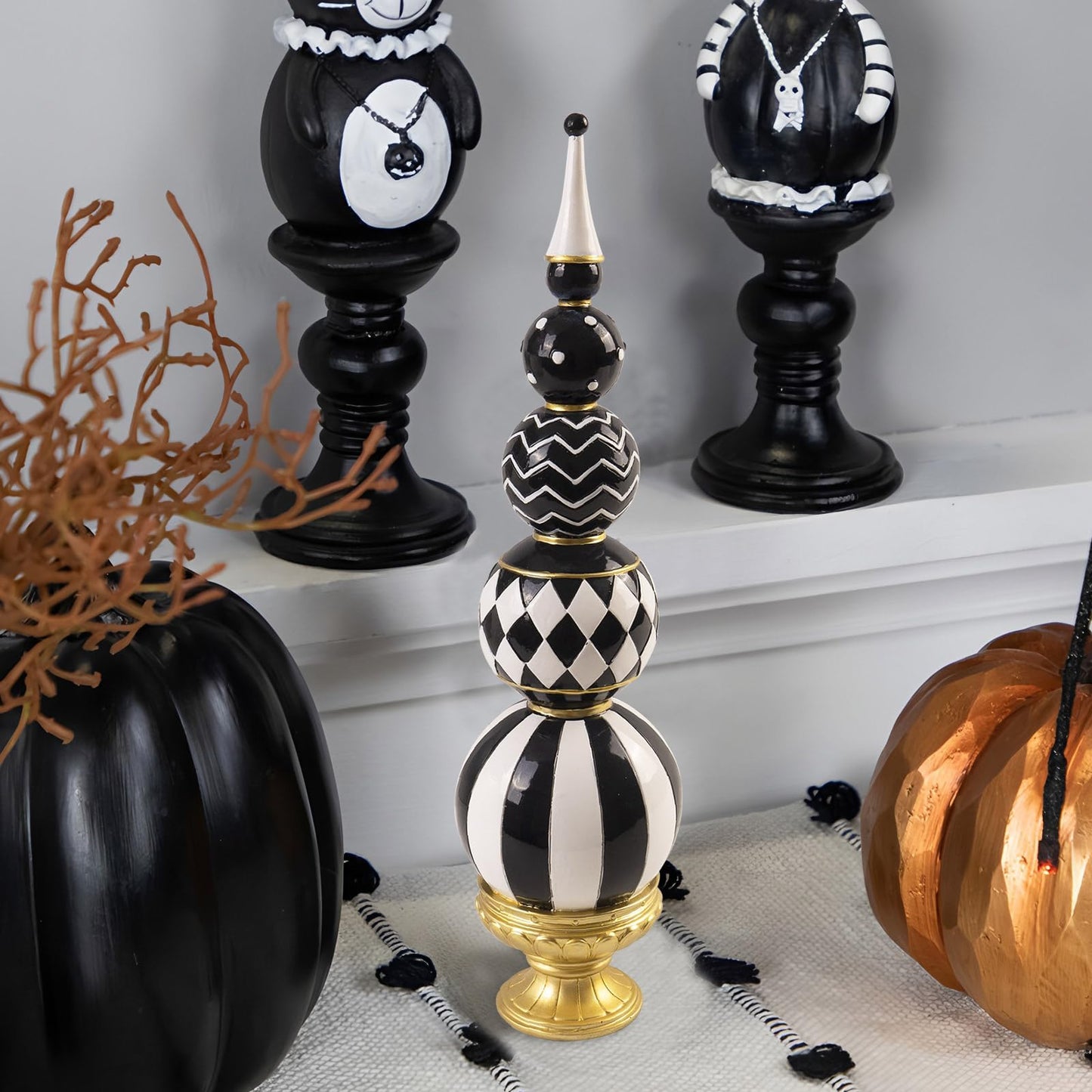 Bechivie Black and White Checkered Decor, 15.7 Inch Resin Modern Sphere Sculpture, Table Top Mantel Office Desk Shelf Halloween & Christmas Decorations for Home Statue