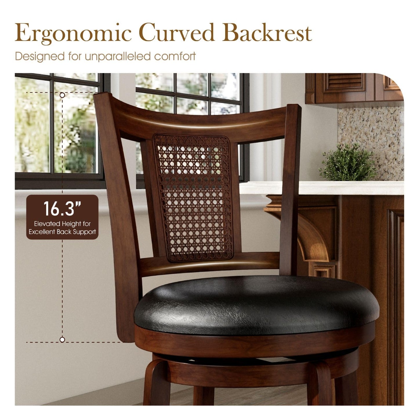 Sophia & William Swivel Bar Stools Set of 2, Bar Height Barstools with Backrest & Solid Wood Legs, Brown Faux Leather Kitchen Stools, 30 Inch