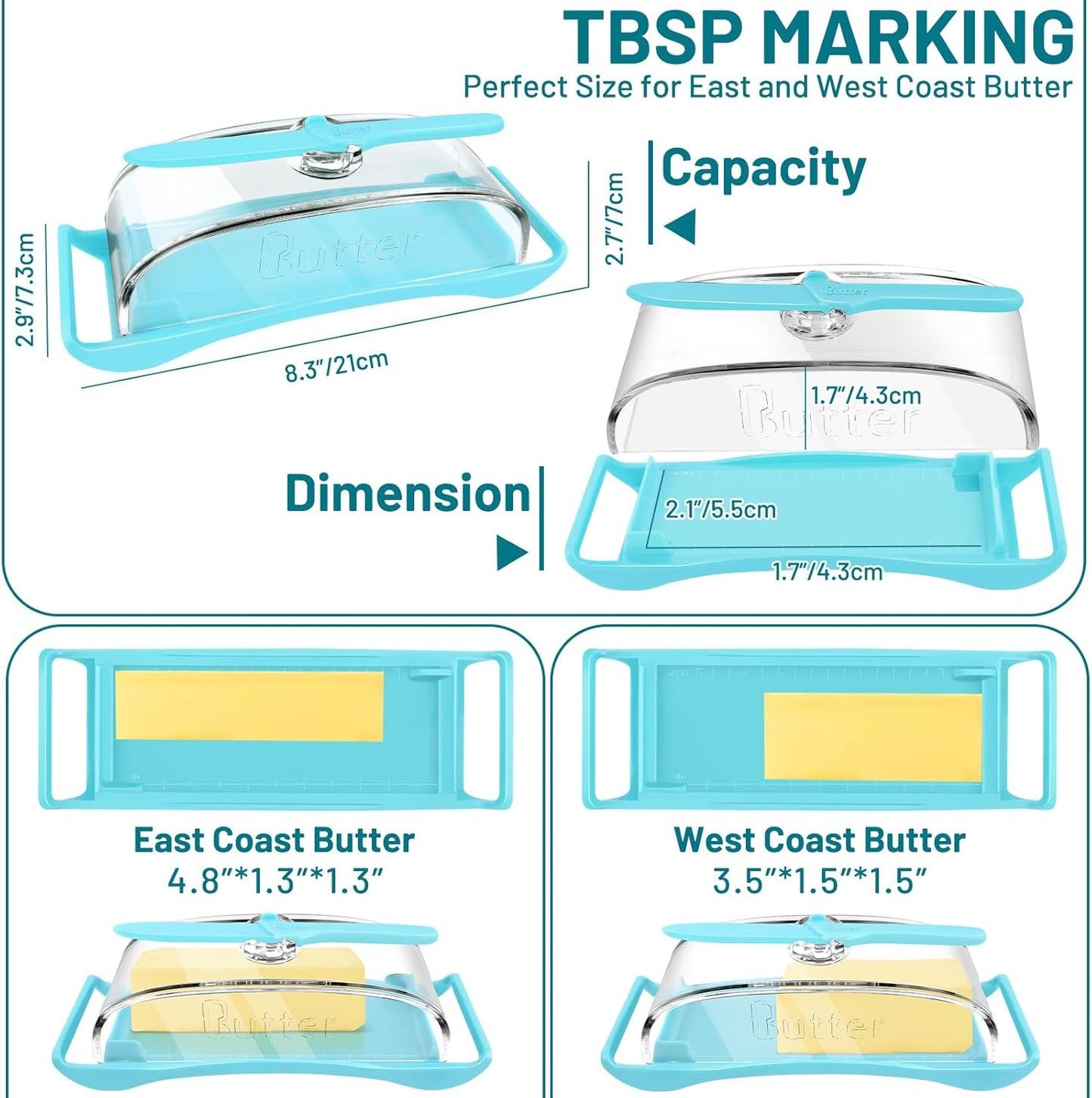 Butter Dish with Lid and Knife, Plastic Butter Keeper for Countertop, BPA-Free, Easy Scoop, Dishwasher Safe, Blue