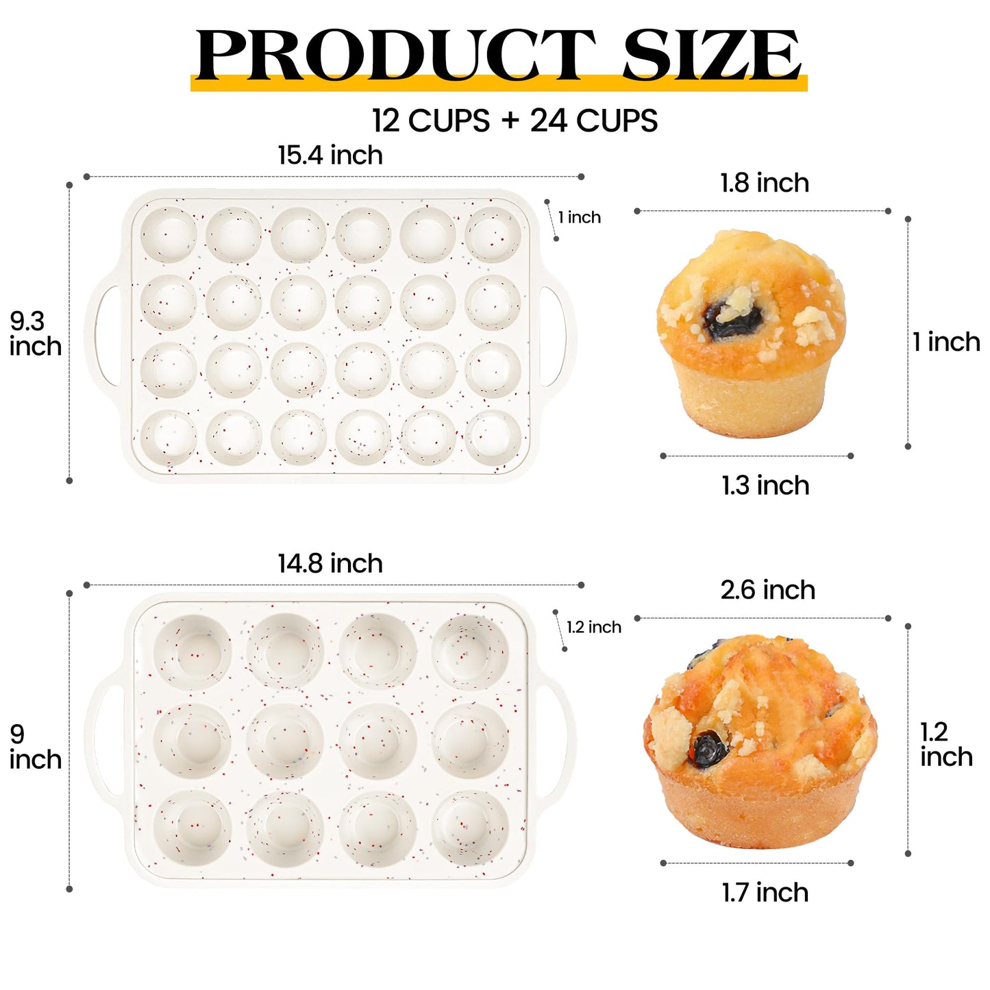 AOTASO Regular 12 Cup and Mini 24 Cup Nonstick Cupcake Pan Set Silicone Muffin Pan for Baking Silicone Cupcake Mold with Metal Reinforced Frame BPA Free (2 Pcs, Cream)