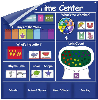 Auchq Circle Time Learning Center - Heavy-Duty Kids Calendar Pocket Chart | Educational Weather & Rhyme Chart (Blue)