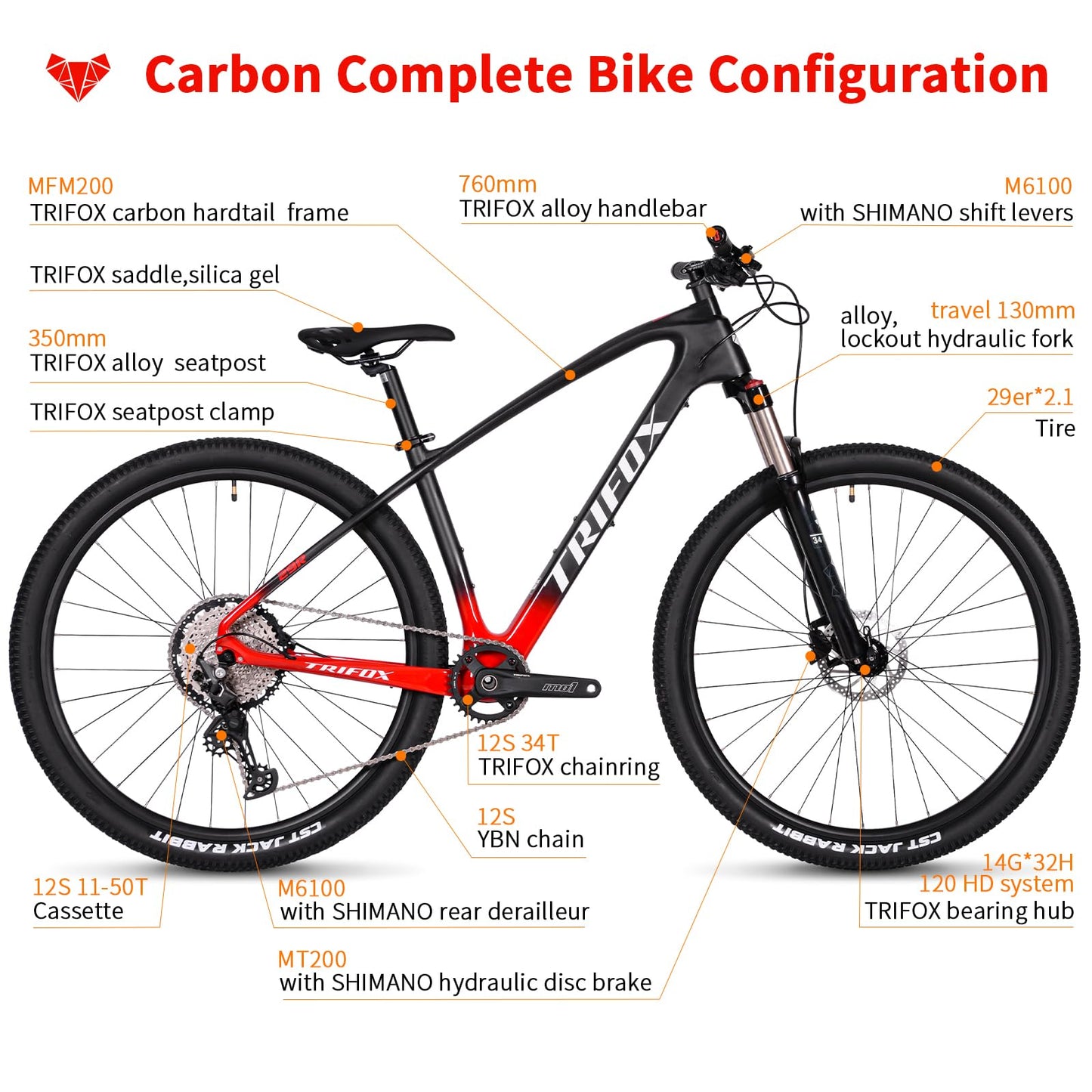 TRIFOX Carbon Fiber Mountain Bike with Shimano M6100 Deore Groupset 12-Speed,Carbon Fiber Frame,Hydraulic Fork 130mm Travel,29er Mountain Bike for Adult 17/19 inch (Red, 29er * 17 inch)