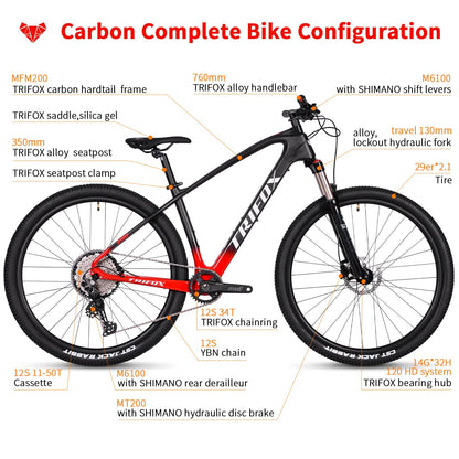 TRIFOX Carbon Fiber Mountain Bike with Shimano M6100 Deore Groupset 12-Speed,Carbon Fiber Frame,Hydraulic Fork 130mm Travel,29er Mountain Bike for Adult 17/19 inch (Red, 29er * 17 inch)