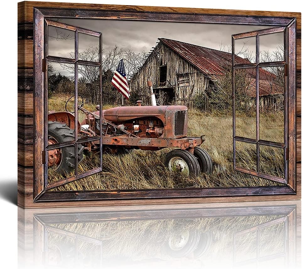 Fimtise Barn Pictures Wall Decor, Old Tractor Farmhouse Canvas Painting for Living Room Bedroom Decoration