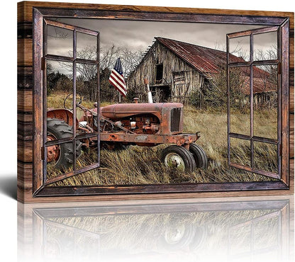 Fimtise Barn Pictures Wall Decor, Old Tractor Farmhouse Canvas Painting for Living Room Bedroom Decoration