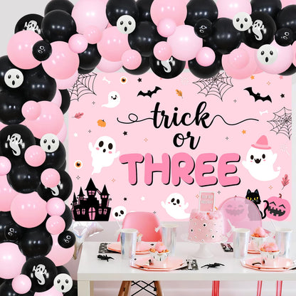 84Pcs Trick or Three Theme Halloween 3rd Birthday Party Decorations Pink Black Balloon Garland Arch Kit Number 3 Foil Balloon 3D Bat Wall Stickers for Girls Halloween Three Birthday Party Decor Favors