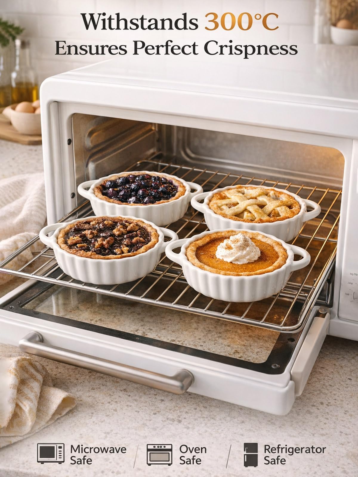 Yamteck 5in Ceramic Mini Pie Pan Set of 6 with Handles for Pie Quiche Tart. Easy to grip, Lead-Free. 8 oz Ramekins Dish for Creme Brulee, Soufflés; Gifts for Baking Enthusiast. Oven Dishwasher Safe