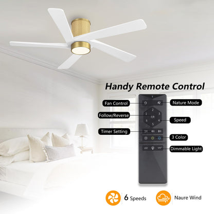 WINGBO 54 Inch Flush Mount Rattan Ceiling Fan, 3CCT Dimmable Light, 5 Carved Wood Blades, 6-Speed Reversible DC Motor, Modern Ceiling Fans for Indoor, Aged Brass Finish and White Blades