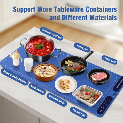 Extra Large Food Warming Pad,One-Touch Fast Electric Heating Tray,15x31.6"Rapid Heating Plate with Hanging and Foldable Storage,Portable Food Warmer for Parties, Buffets,Home Use and Travel (Blue)