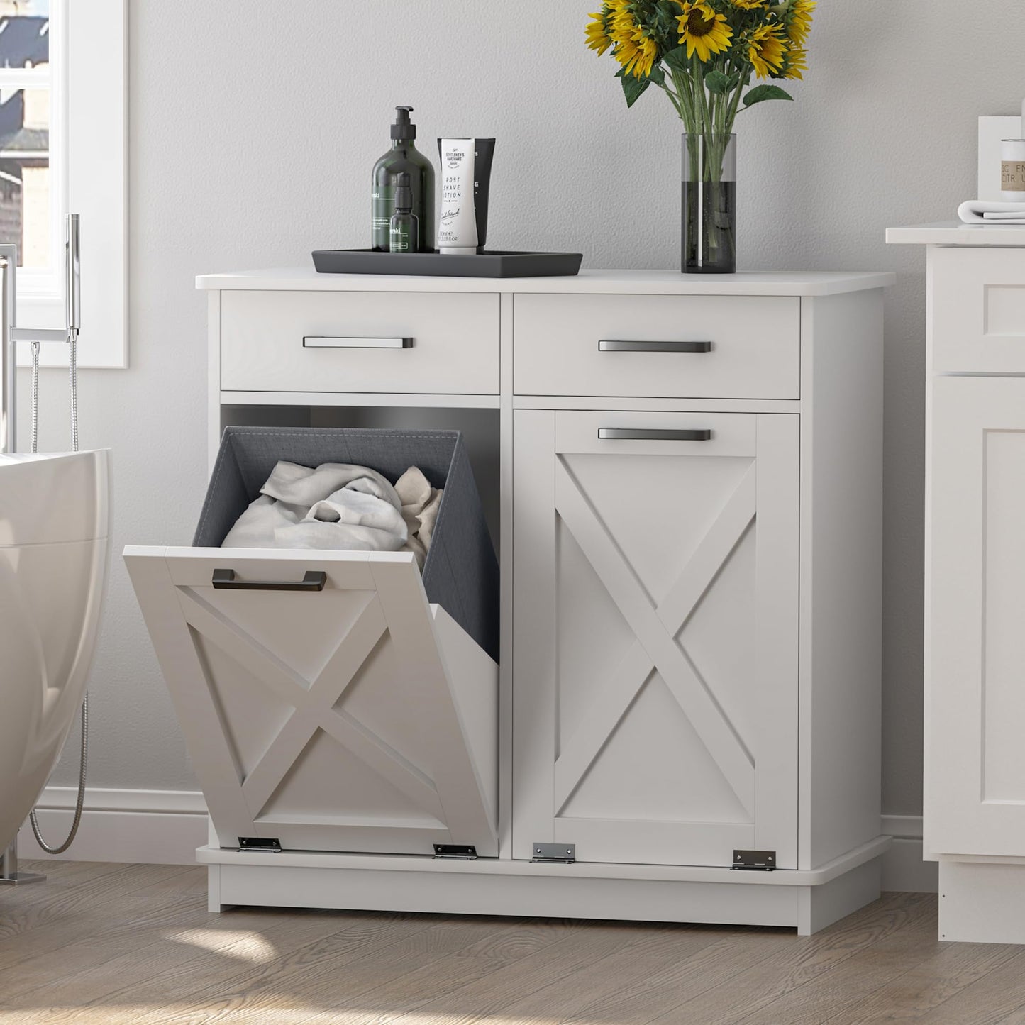 Mepplzian White Double Tilt Out Laundry Hamper Cabinet Laundry Basket Cabinet Hidden Laundry Hamper with 2 Drawers & 2 Baskets for Bathroom,30x30x16in（Barn Door Panel）
