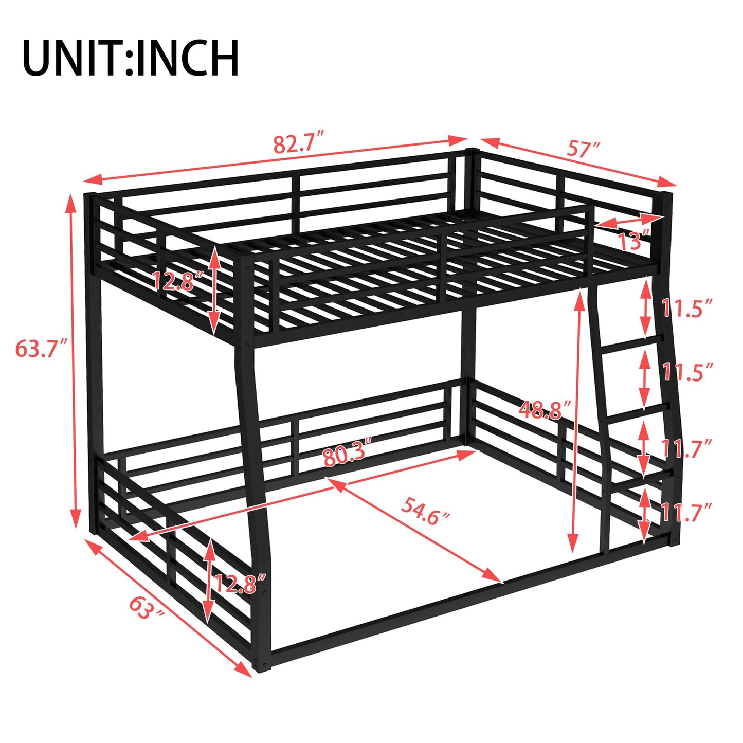 Full XL Over Queen Bunk Bed Frame with Noise Reduced Design, Heavy Buty Metal Floor Bunk Bed Full XL Over Queen Bunk Beds with Ladder for Adults, Teens