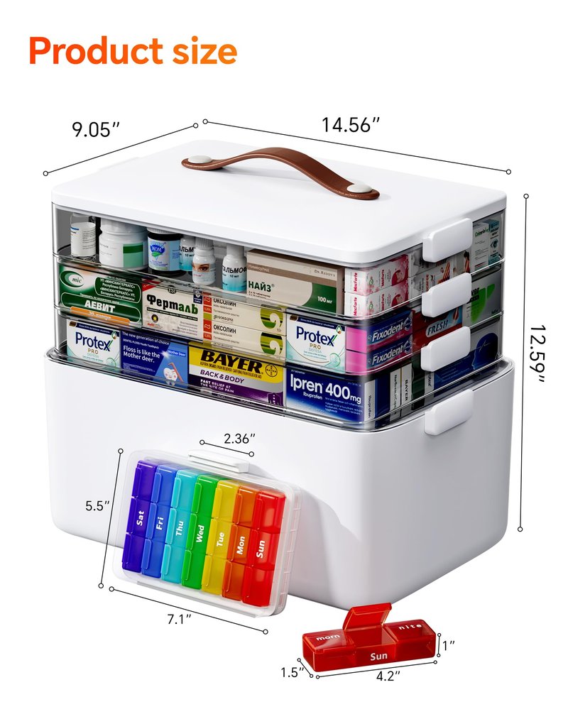 LEGUO Medicine Storage Organizer, 4-Tier Medicine Box with 7-Day Pill Case, Clear Trays and Carry Handle, Empty First Aid Storage Case for Pills and Bottles