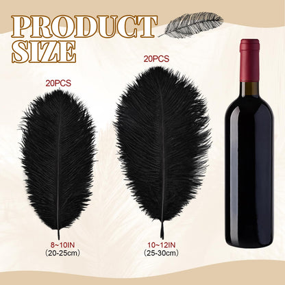 Natural Black Ostrich Feathers Bulk 40 Pack, 10-12 in, 8-10 in (20 Pcs Each), for DIY Vase Craft Wedding Party Centerpieces Christmas Decoration