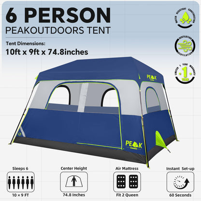 PEAK OUTDOORS Instant Tent 6/8 Person Tents for Camping, 60 Second Easy Setup Portable Camping Cabin Tent with Rainfly, Waterproof Pop Up Tents for Family Camping & Hiking with Expandable Carry Bag