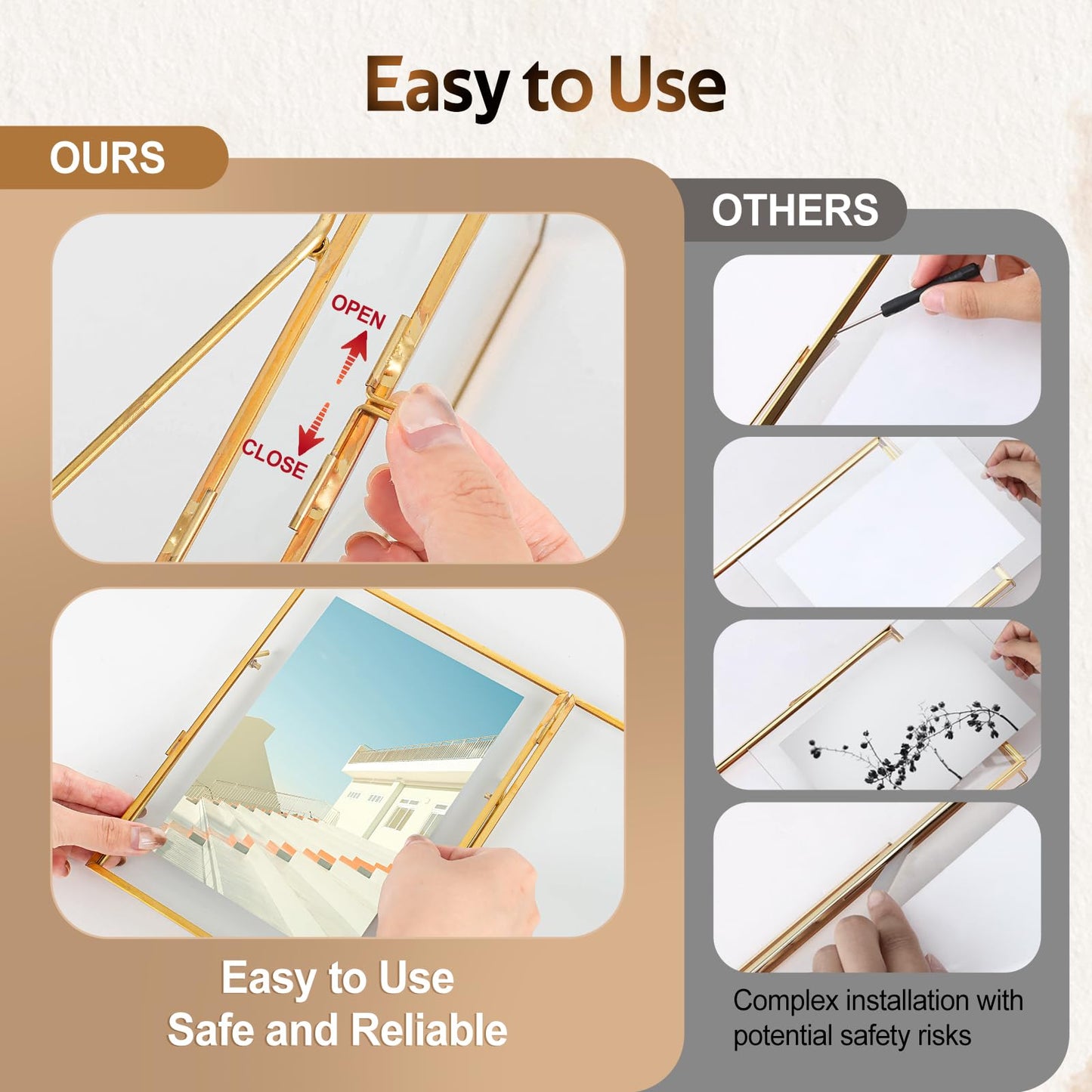 Jajamy Gold Floating Picture Frame Set of 2, Tempered Glass Floating Frames 5x7, Gold Picture Frame for Multi Size Photo 4 x 6, 3 x 5 for Tabletop Display