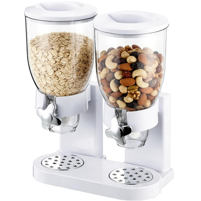 Skdqiee 2-Container Cereal Dispenser, 4L Dry Food Storage, White Triple Snack Dispenser, Rotating Dry Food Containers Storage for Candy, Nut, Coffee Beans, 10.6 x 6.3 x 13.8 in