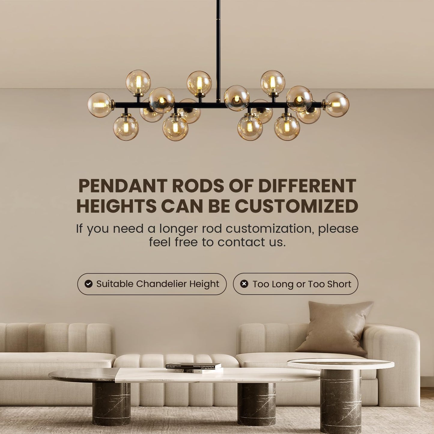 APBEAMLighting Mid Century Modern Chandeliers for Dining Room, 39" Linear Pendant Light Fixtures with Amber Glass Globe, 16-Light Sputnik Hanging Light for Living Room Kitchen Island