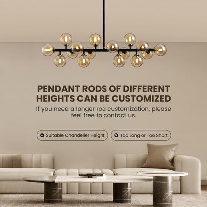 APBEAMLighting Mid Century Modern Chandeliers for Dining Room, 39" Linear Pendant Light Fixtures with Amber Glass Globe, 16-Light Sputnik Hanging Light for Living Room Kitchen Island