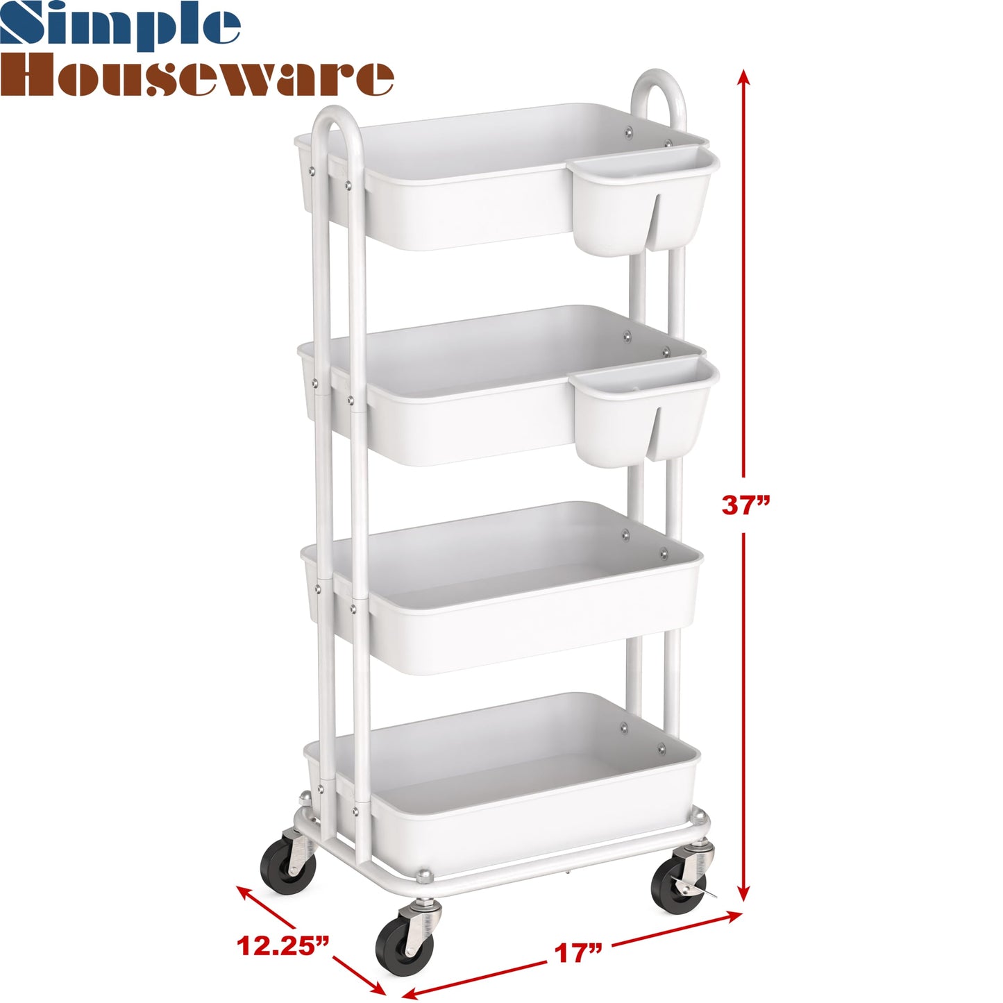 Simple Houseware 4-Tier Multifunctional Rolling Utility Cart with Hanging Buckets, White