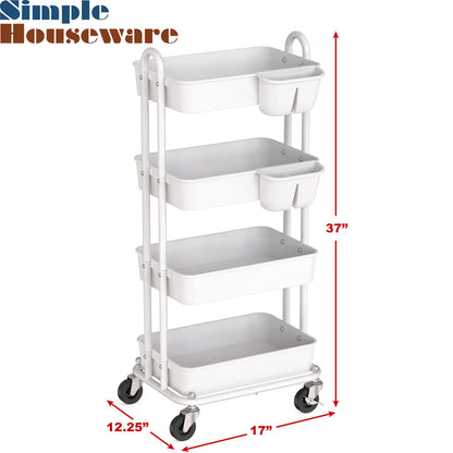 Simple Houseware 4-Tier Multifunctional Rolling Utility Cart with Hanging Buckets, White