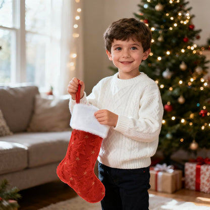 Christmas Stocking, red Sock has a Christmas Tree Shape., Plush White Cuff, 20 Inch Holiday Decor, Bone Shaped Design