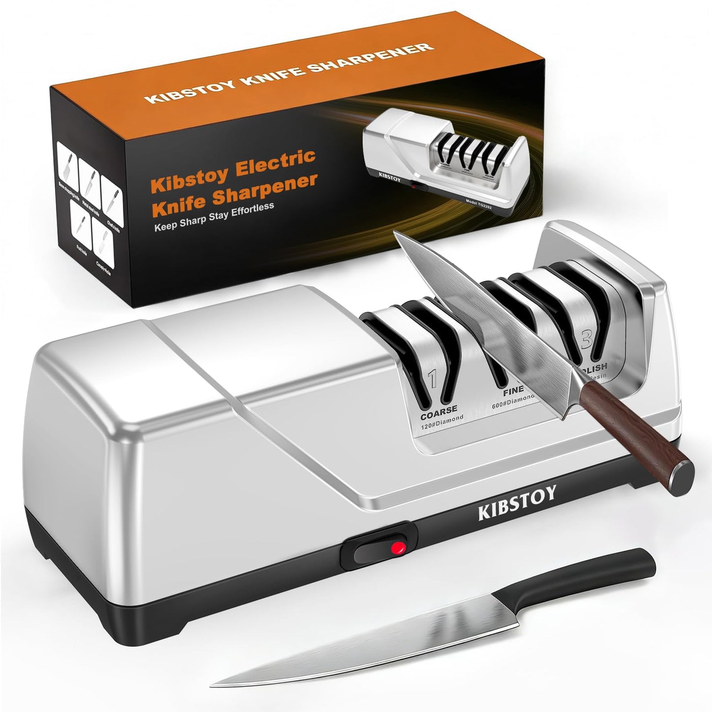 Knife Sharpener Electric, 3-Stage Professional Kitchen Sharpener with 100% Diamond Abrasive, 15° Precision Angle, Magnetic Dust Box, Fast Sharpening & Repair for Chef Knife, Paring Knife