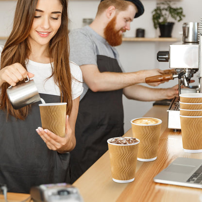 SIUQ Coffee Cups 12 oz 150 Pack, Insulated Ripple Wall Paper Coffee Cups 12 oz, Disposable Coffee Cups, Hot Beverage/Cold Drinking Cups for Office,Home,Party,Cafe,Picnic,Travel (Champagne)