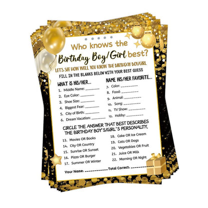 HOMANGA Who Knows The Birthday Boy Girl Best, Birthday Game Cards for Party Activities, Birthday Game Cards for Teens Kids Girls Boys Sleepover Party - Set of 30 (Black Gold, Double-Sided)