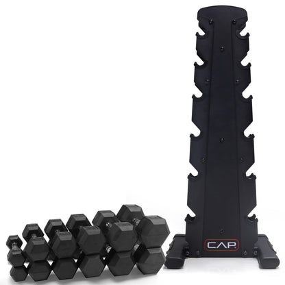 CAP 210 lb Rubber Coated Hex Dumbbell Set with Vertical Rack, Space-Saving Storage for Home Gym Strength Training, Chrome Handle, Black Rack