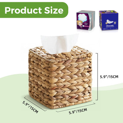 Tissue Box Cover, Square Wicker Tissue Box Holder Facial Tissues Boxes, Hand Woven Napkin Box Tissue Holder for Bathroom Bedroom Office Table Desk Night Stand, Boho Decorative, Natural
