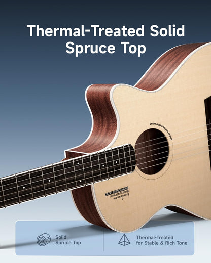 Rosen V1 Hybrid Acoustic Guitar for Beginners Adults Patented Body with Solid Spruce Top & Soft Touch Strings Thin Neck & Open Pore Matte 40 Inch,Natural