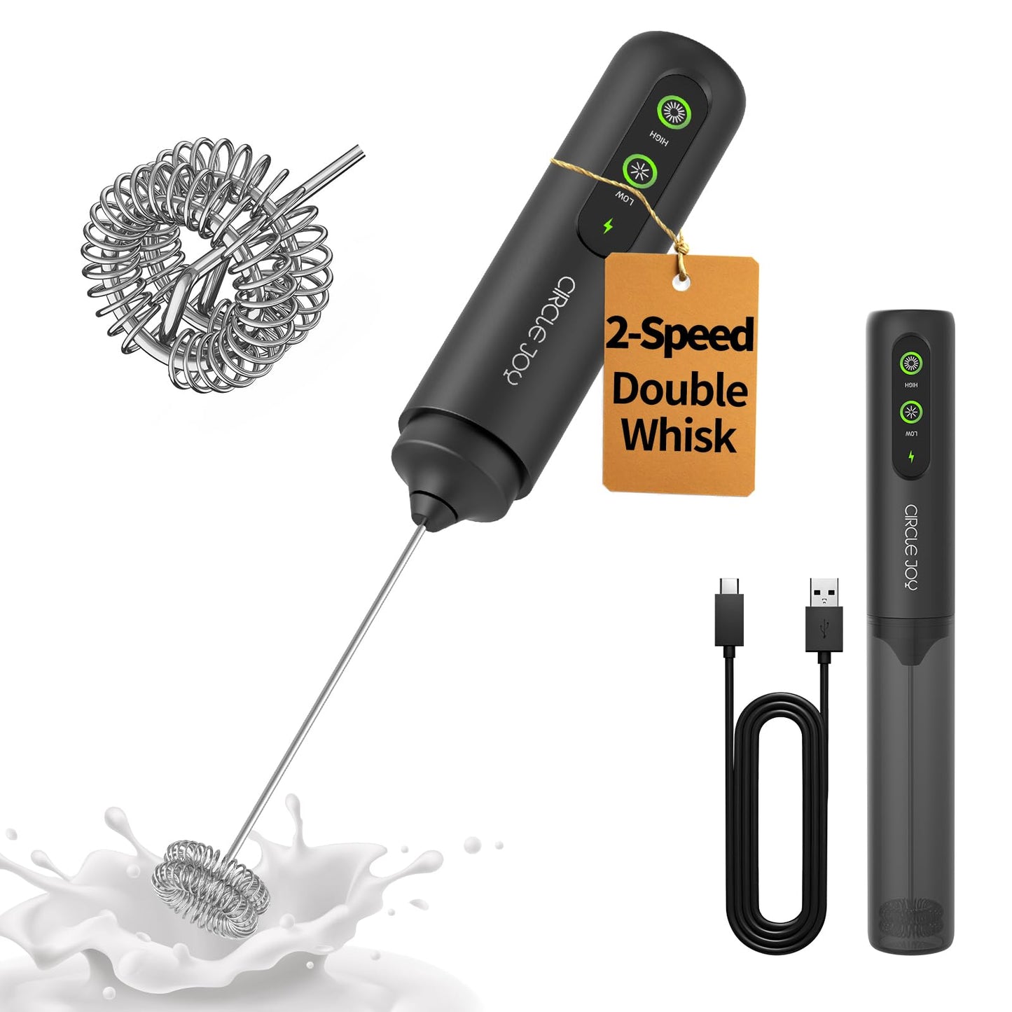 CIRCLE JOY 2-Speed Rechargeable Milk Frother Hanheld, Dual Coil Whisk Head Electric Coffee Frother, Portable Hand Frother Wand Drink Mixer for Matcha Lattes Cappuccino, Kitchen Gifts