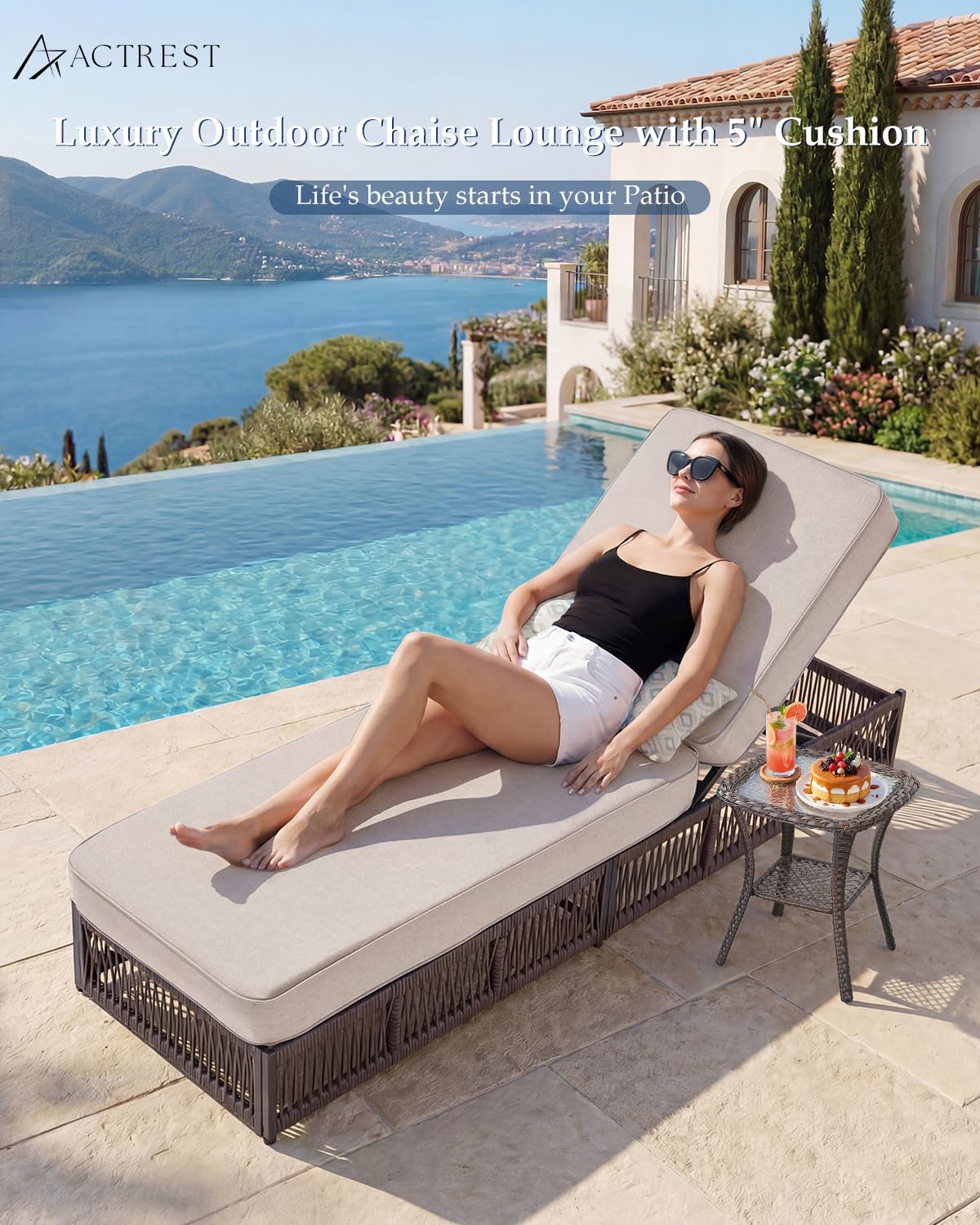 ACTREST Luxury Outdoor Chaise Lounge with 5 Inch Thickened Cushions - 1 Set High Back Brown Wicker Patio Recliners Rattan Reclining Chairs Porch Poolside Pool Sunbathing Lounger - Beige