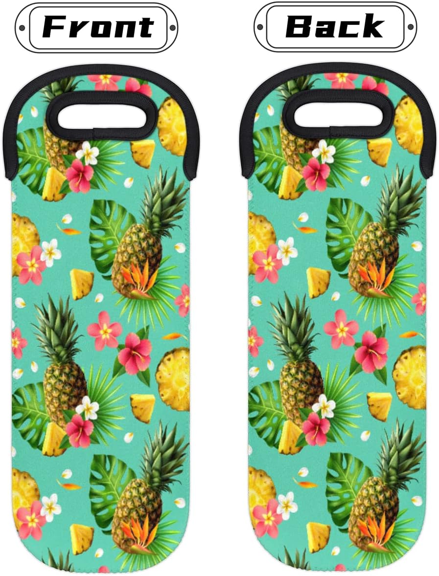 Tropical Pineapple Pattern Wine Bag - Neoprene Leakproof Travel Tote with Handle, Reusable Cooler for Parties