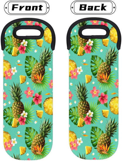 Tropical Pineapple Pattern Wine Bag - Neoprene Leakproof Travel Tote with Handle, Reusable Cooler for Parties