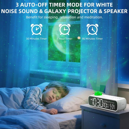 VOILEIPAGI White Noise Sound Machine with Clock for Baby Kids Adults, with 8 Soothing Sounds for Office & Sleeping, 30/60/90 Mins Timer, Bluetooth Speaker, Star Projector Galaxy Light for Home, Travel