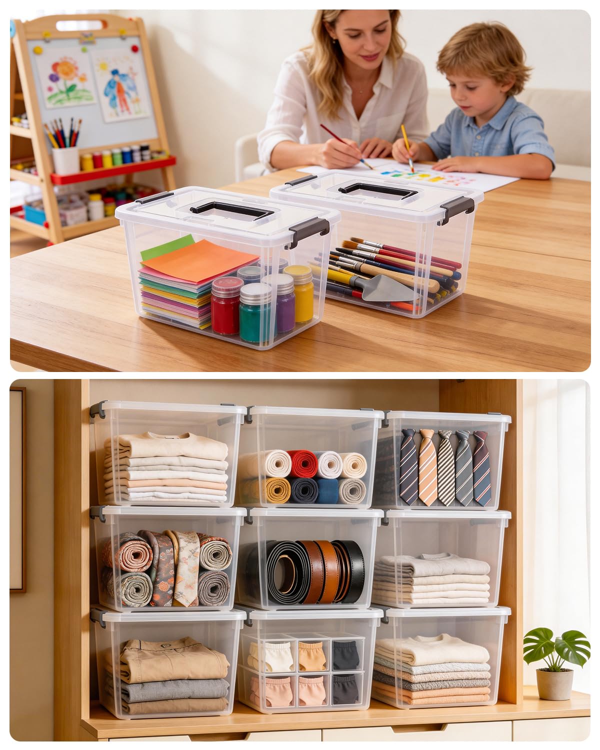 Citylife 8 Packs 6 QT Plastic Storage Bins with Latching Lids Clear Storage Box with handle Stackable Storage Containers for Organizing Snacks, Crafts, Toys, Tools