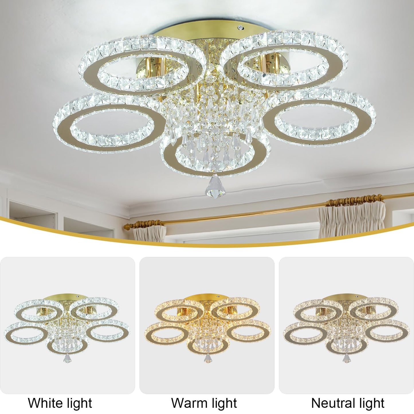 VETRULUS Modern Crystal LED Chandelier, 5-Ring Gold Flush Mount Ceiling Light Fixture for Bedroom, Dining Room, Living Room, Hallway – Dimmable
