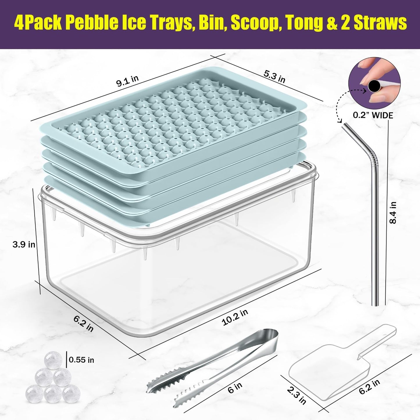 0.55in Mini Ice Cube Trays - Plastic Tiny Pebble Ice for Iced Coffee & Cocktails - Fast Chill, Easy Twist Release - Stackable with Lid, Storage Bin, Tongs, 2 Straws (4 pack, Blue)