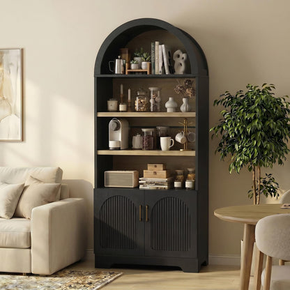 Bestier 71" Tall Arched Kitchen Pantry, Arched Cabinet with Doors, Modern Farmhouse Wood Kitchen Storage Cabinets with 3-Tier Adjustable Shelves for Living Room, Dining Room, Ktichen, Black