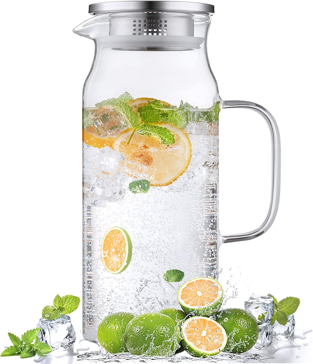 2 68 oz Bivvclaz Liter Glass Pitcher with Lid and Handle, Glass Carafe for Hot/Cold Water, Large Iced Tea Pitcher
